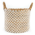 Panier rond en jonc de mer et macramé blanc avec anses – Ø39 cm