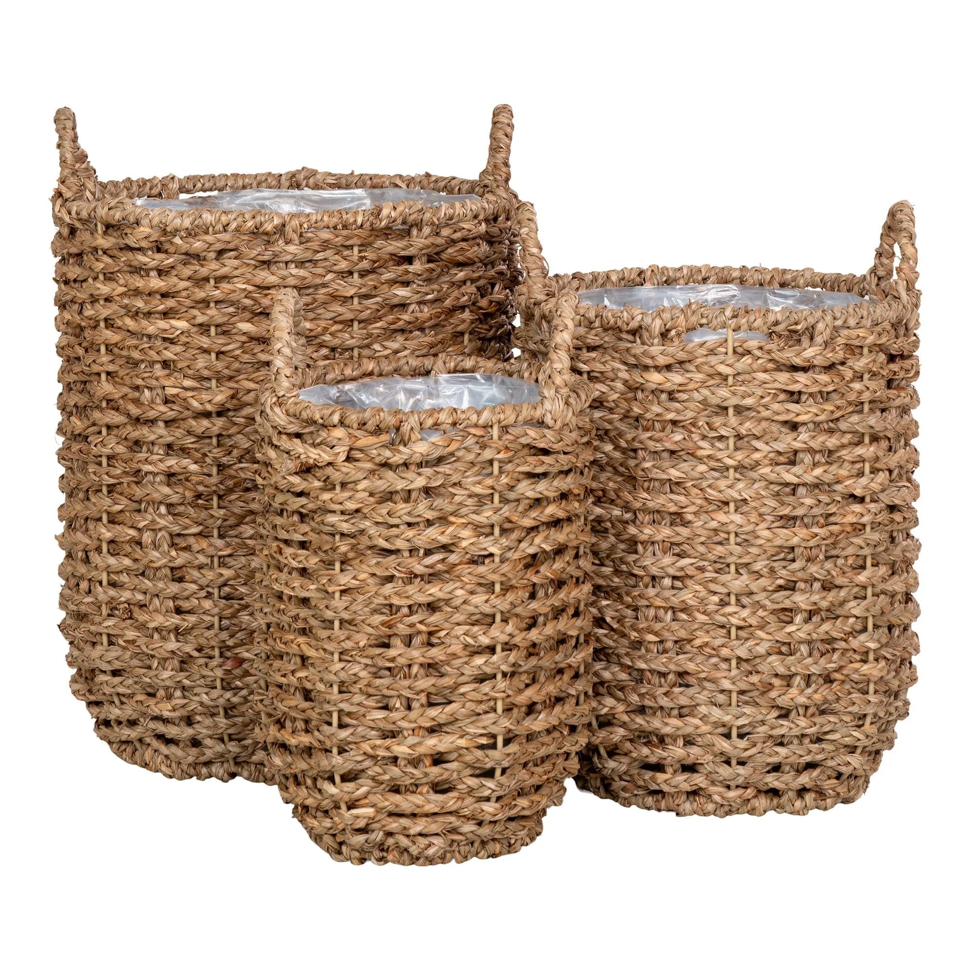 Trois paniers ronds en jonc de mer naturel pour rangement et décoration