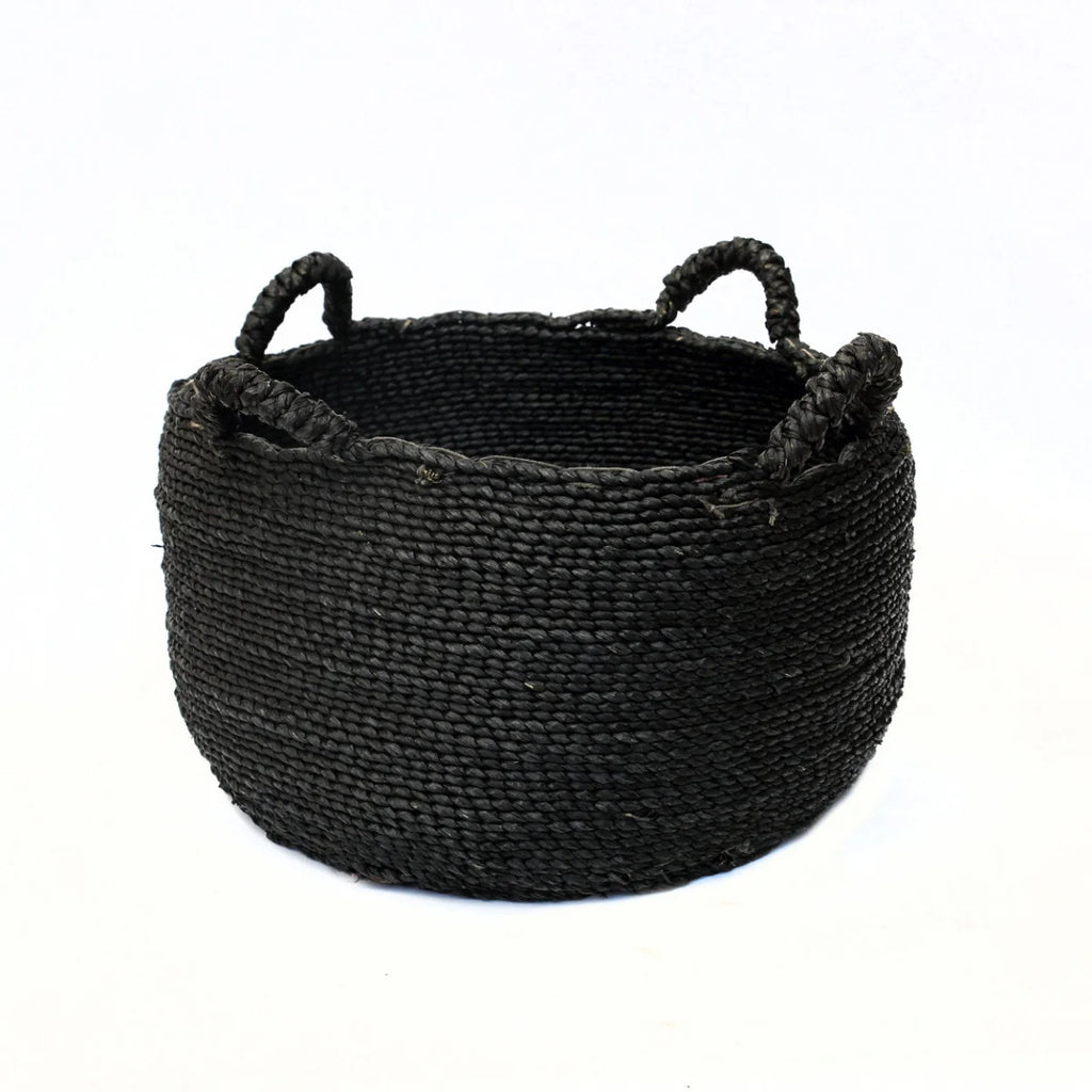 Panier rond en jonc de mer noir à anses souples – Ø52 cm