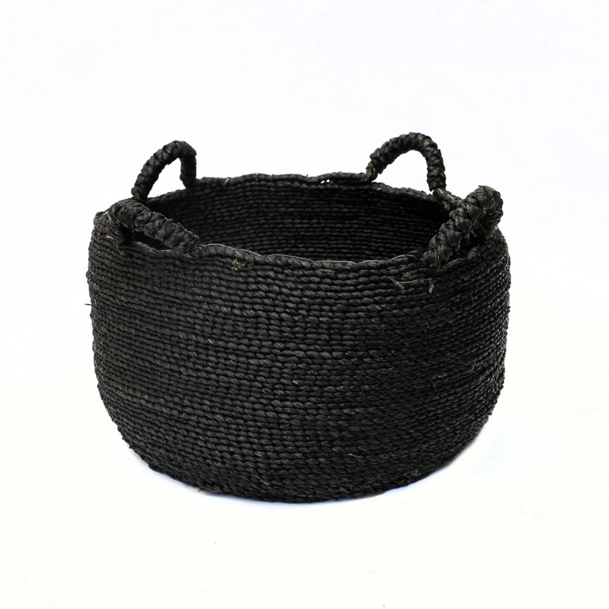 Panier rond en jonc de mer noir à anses souples – Ø52 cm