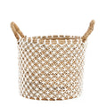 Panier rond en jute tressé motif filet blanc avec anses corde – Ø35 cm