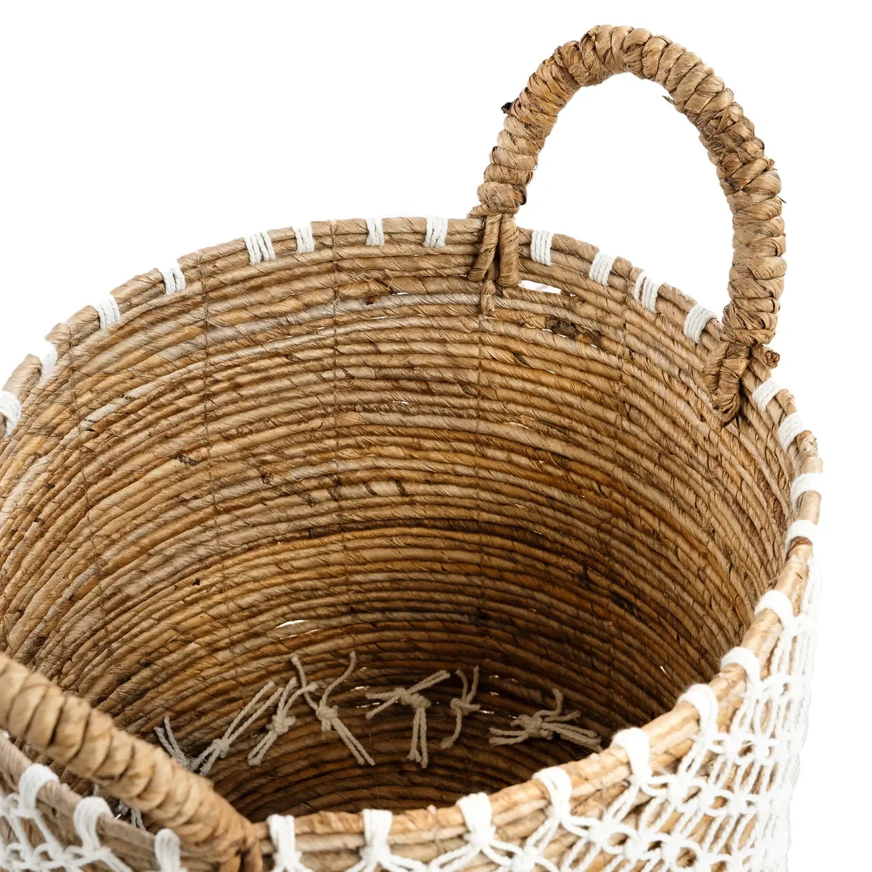 Panier rond en jute tressé avec anses en corde, motif filet blanc, Ø35 cm