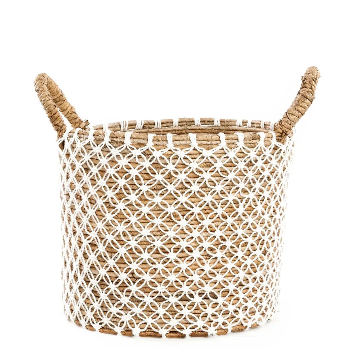 Panier rond en jute tressé avec anses corde et overlay géométrique blanc