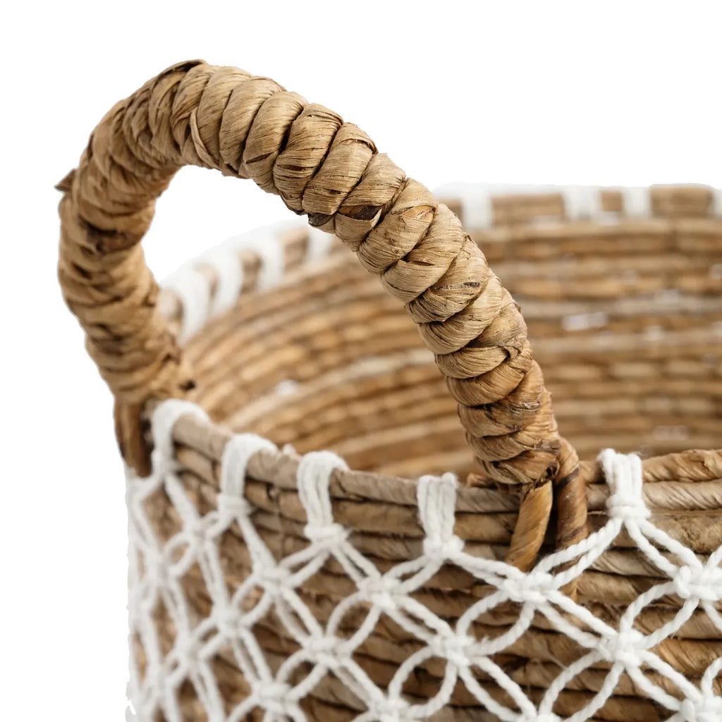 Panier rond en jute tressé avec anse corde et détail macramé, Ø35 cm