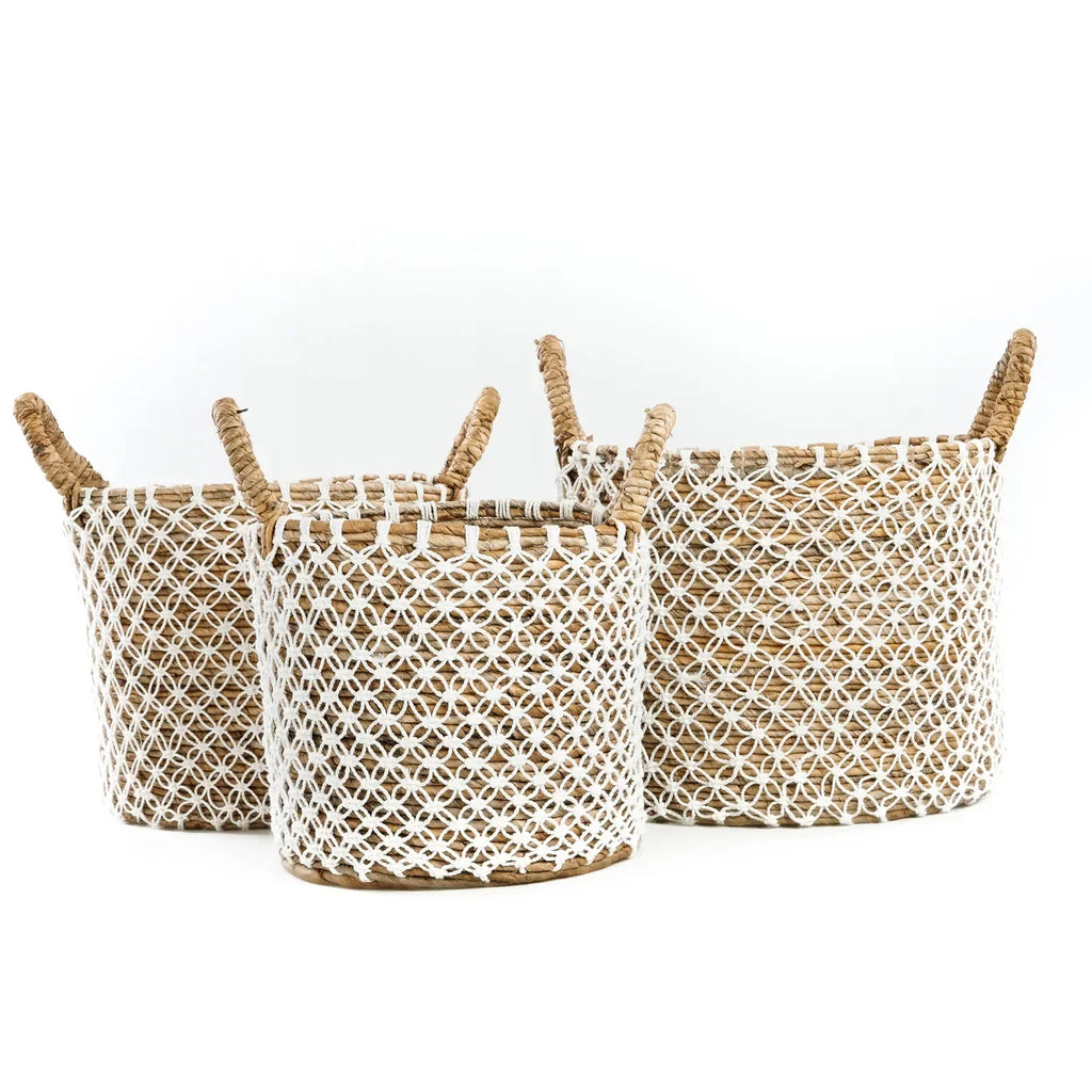 Trois paniers de rangement en jute tressé avec anses corde, diamètre 35 cm