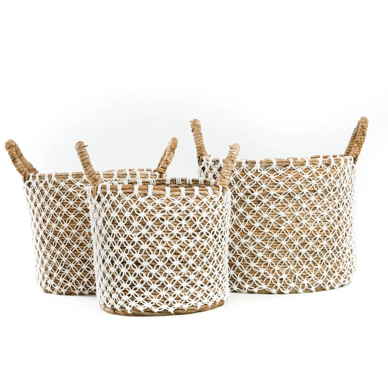 Trois paniers de rangement en jute tressé avec anses corde, diamètre 35 cm