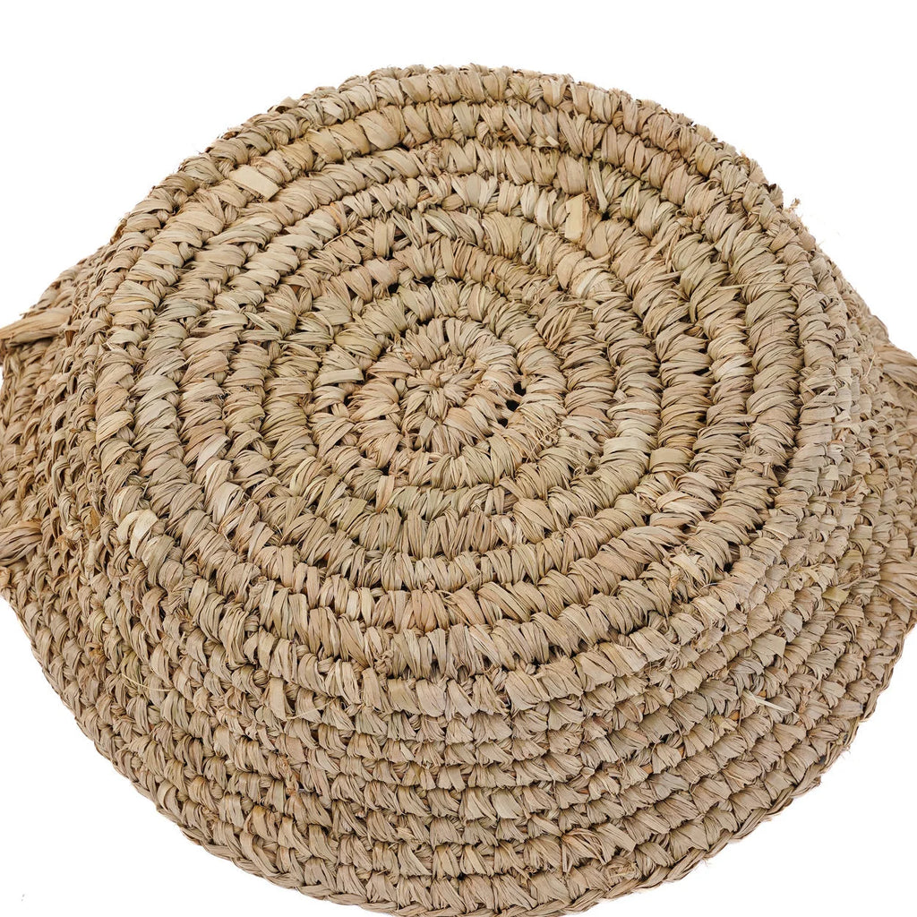 Panier rond en raphia naturel beige à motif spiralé avec anses