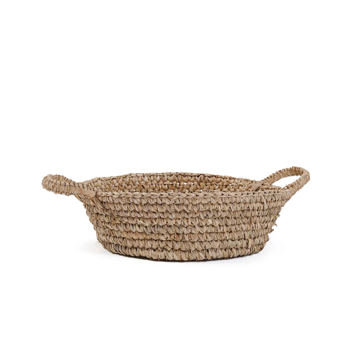 Panier rond en raphia naturel beige tissé avec anses intégrées