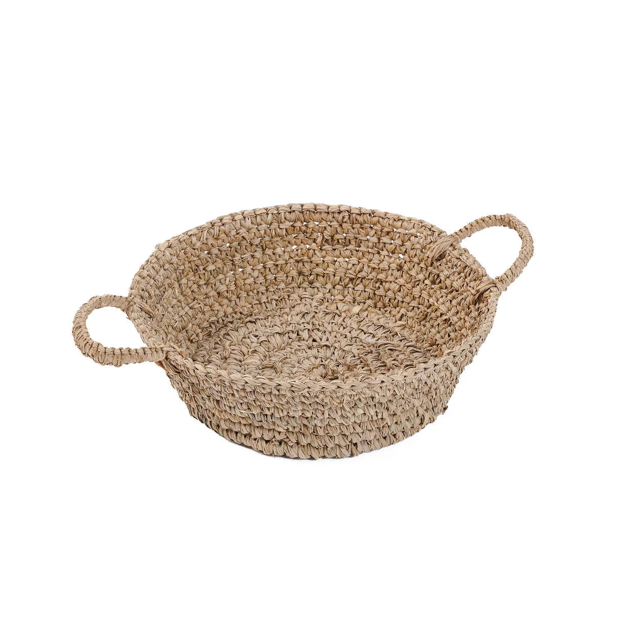 Panier rond en raphia naturel beige tissé avec anses intégrées