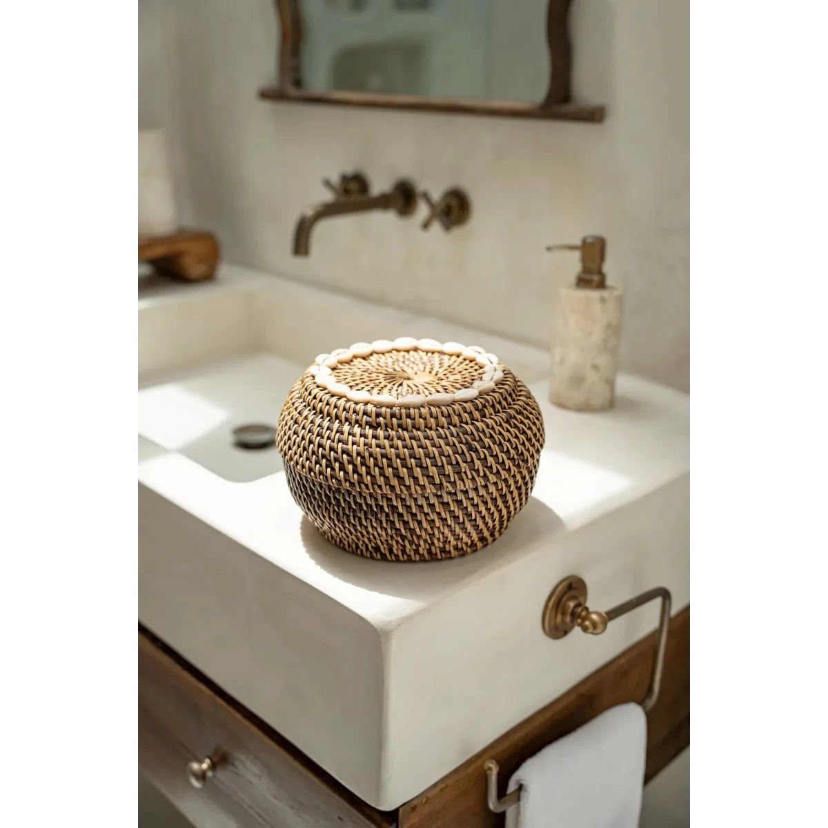 Panier en rotin foncé avec coquillages cauris 23 cm