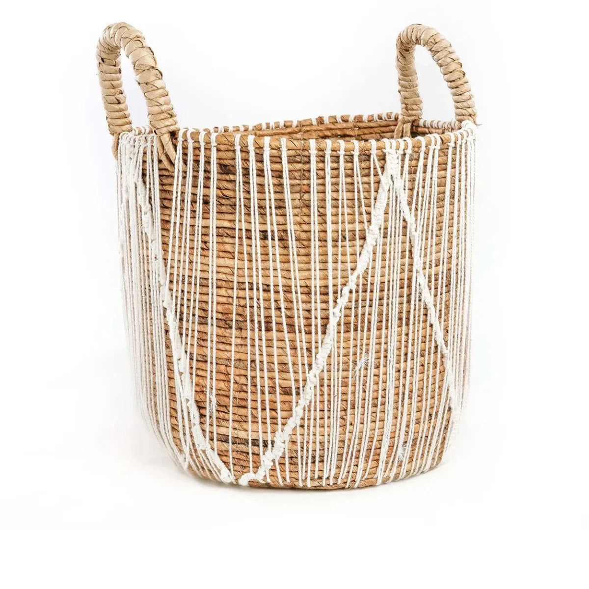 Panier en seagrass tressé naturel avec lacets blancs et anses – Ø40 cm