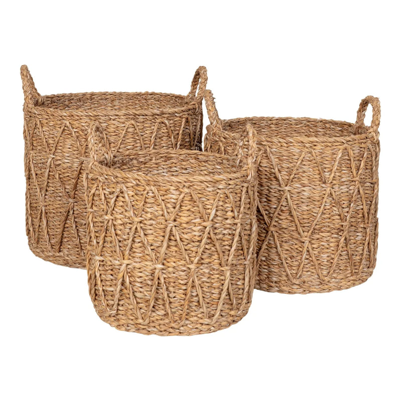 Paniers cylindriques en jonc de mer naturel avec anses motif chevrons – Set de 3