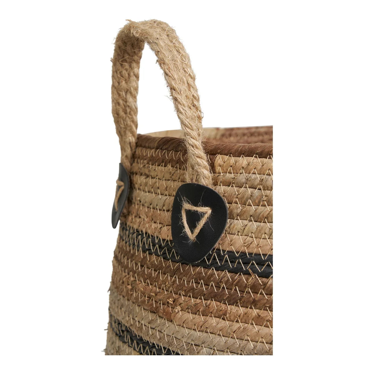 Panier en feuilles de bananier naturel Ø30 cm avec anse tressée et accents cuir noir