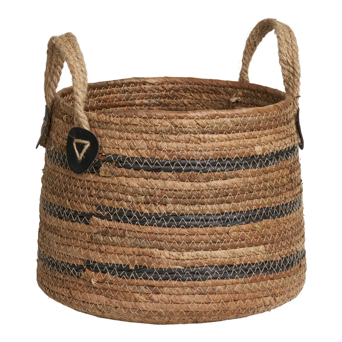 Panier en feuilles de bananier naturel Ø30 cm, lot de 2, tressé avec poignées en corde et rayures noires