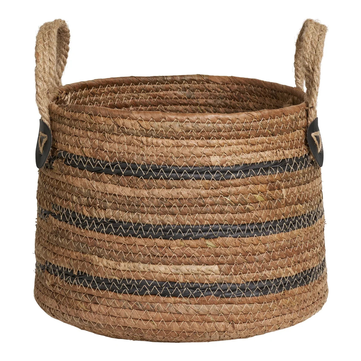 Panier en feuilles de bananier naturel Ø30 cm, lot de 2, tressé avec poignées solides et rayures zigzags noires