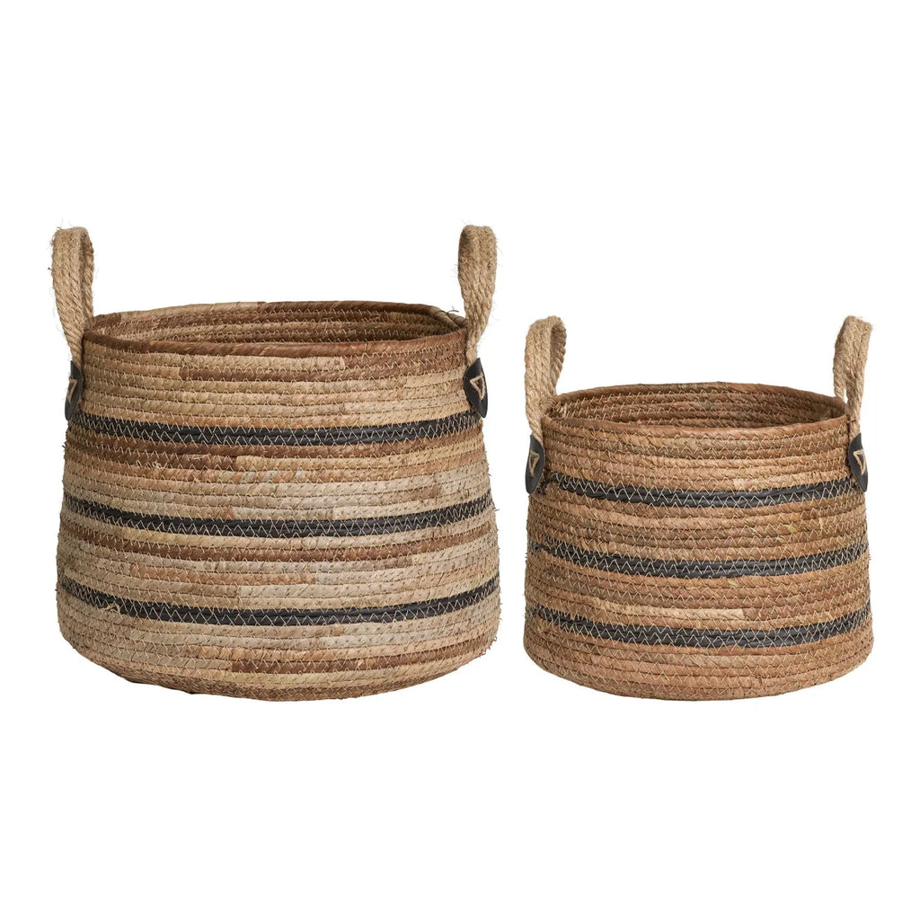 Deux paniers en feuilles de bananier naturel Ø30 cm, lot de 2, rayures tan et marron