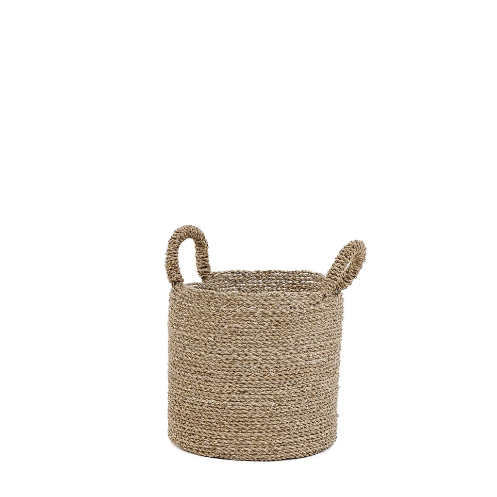 Panier cylindrique tressé en herbe de mer naturelle avec poignées, diamètre 30 cm