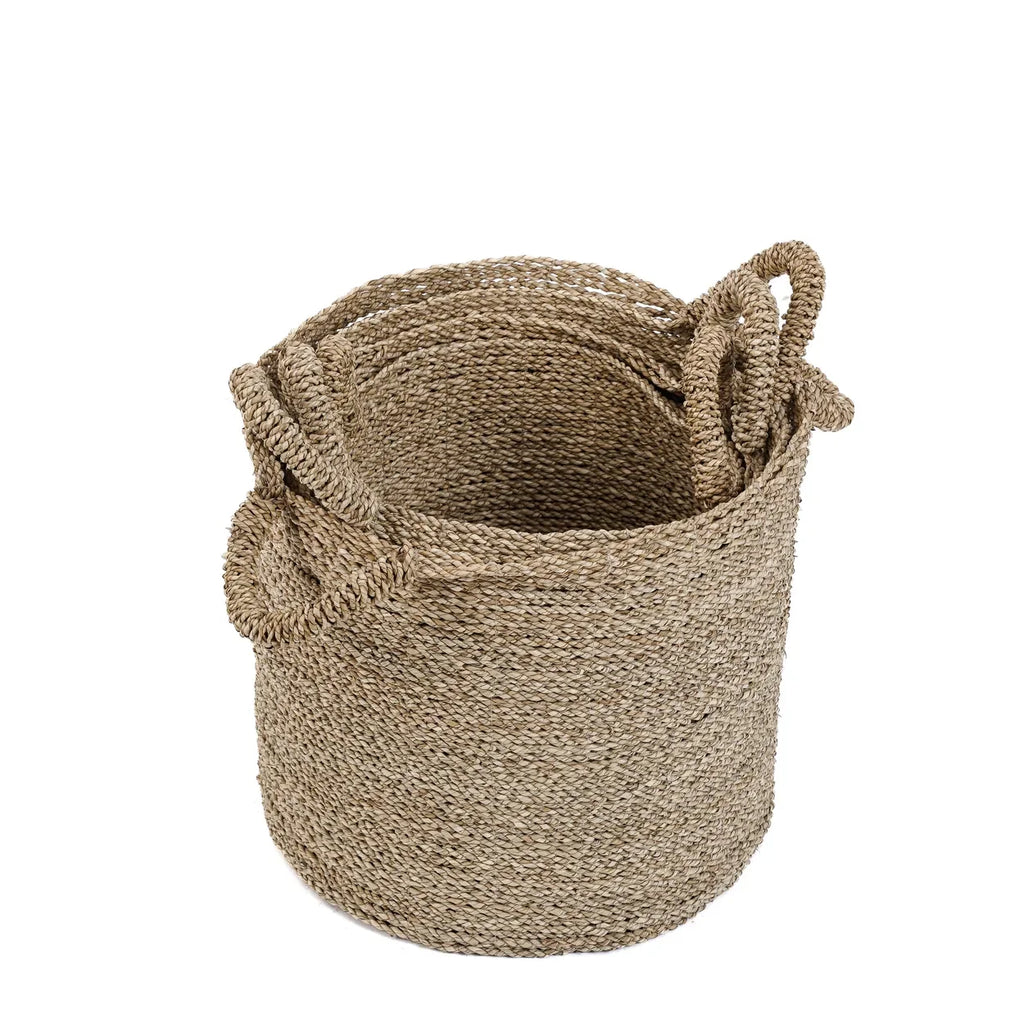 Panier de rangement en herbe de mer tressée naturelle avec poignées, diamètre 30 cm