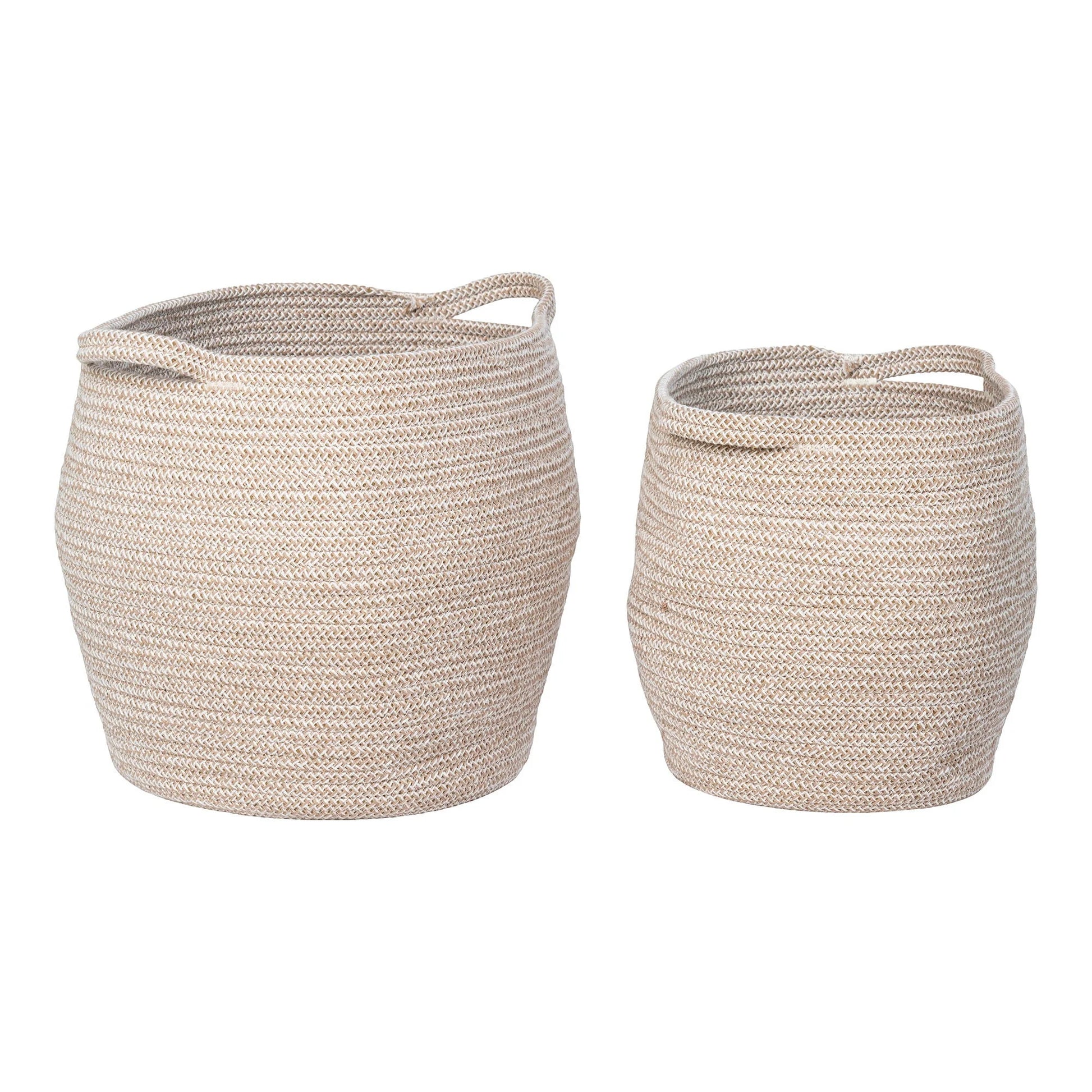 Deux paniers de rangement en corde tressée beige avec poignées pour la maison