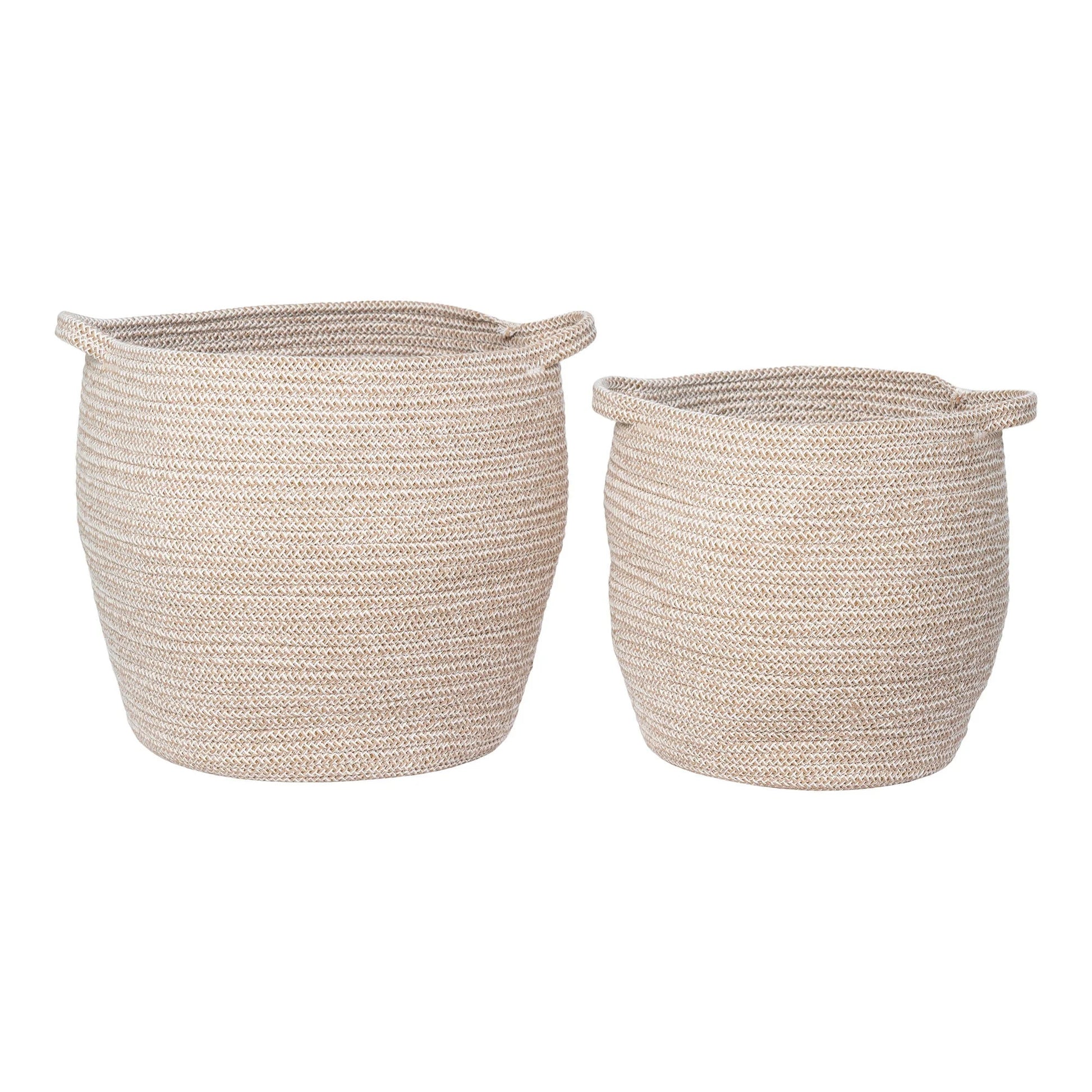 Deux paniers de rangement en corde tressée beige avec poignées