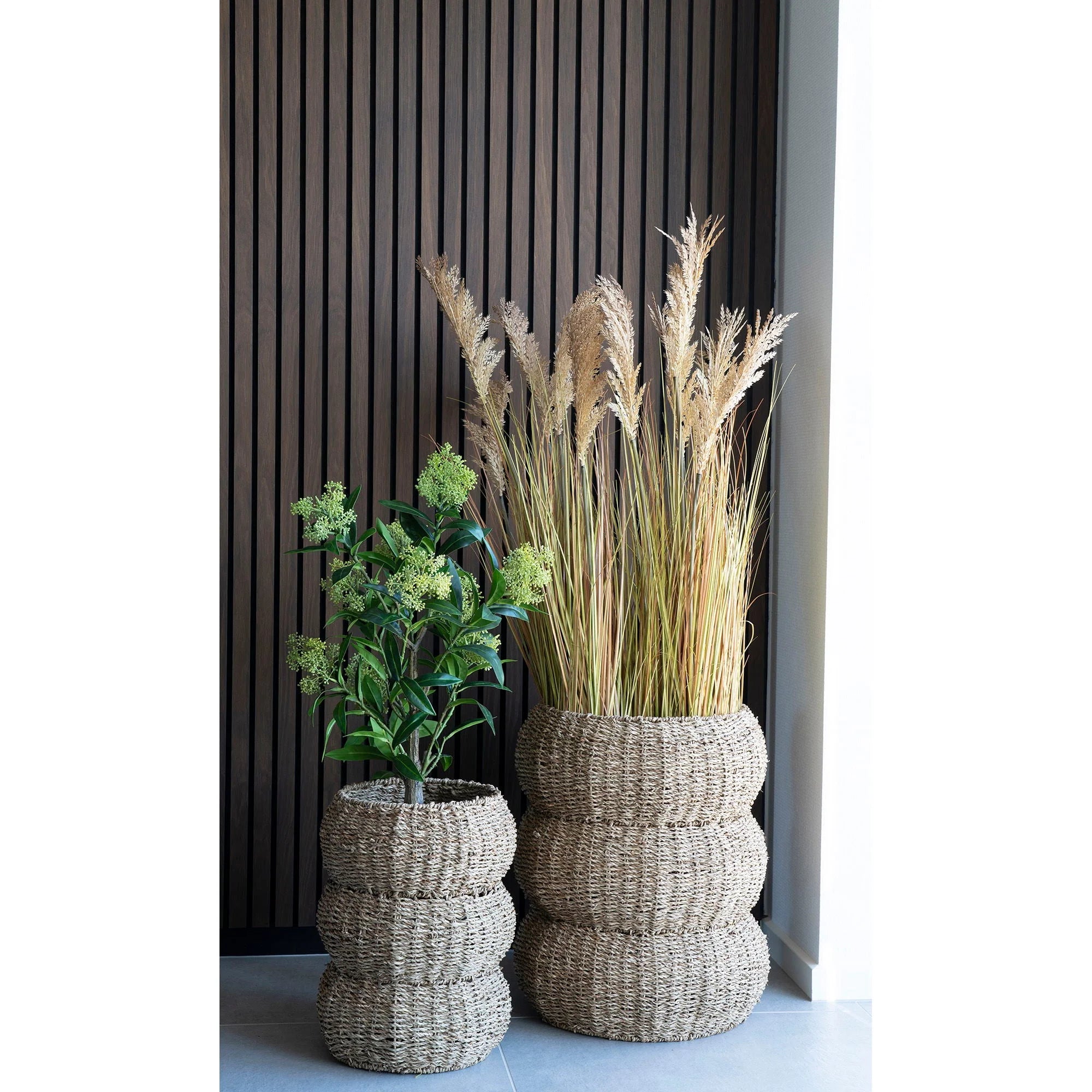 Deux paniers de rangement cylindriques en jonc tressé naturel avec des plantes