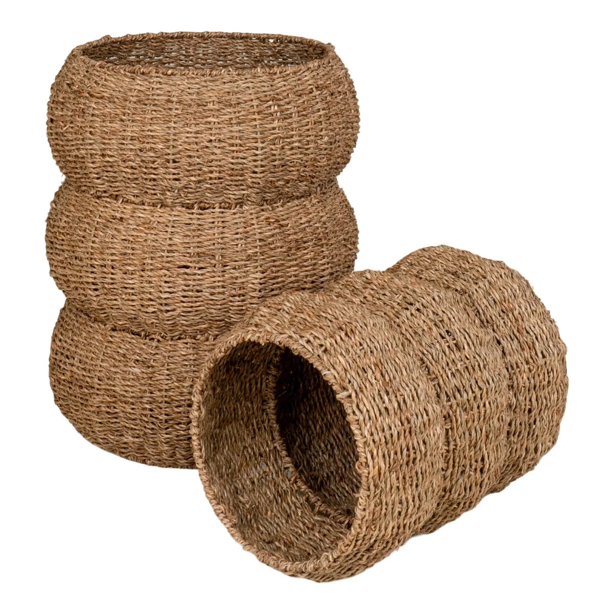 Paniers cylindriques en jonc tressé naturel, set de 2, tan texturé artisanal