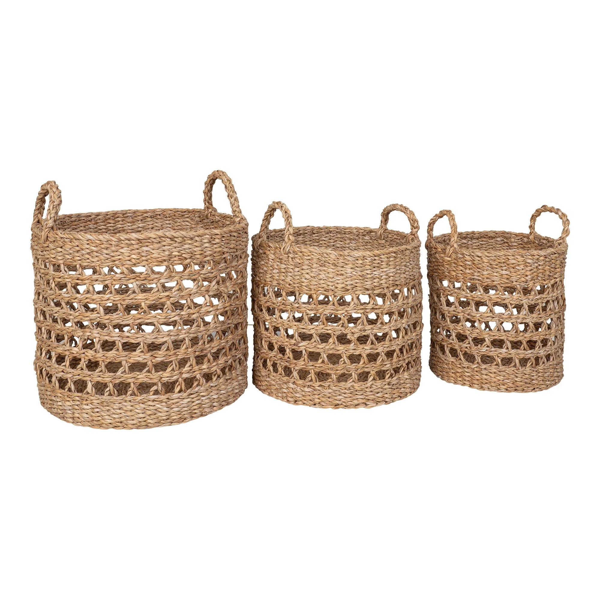 Trois paniers de rangement en jonc de mer naturel avec poignées