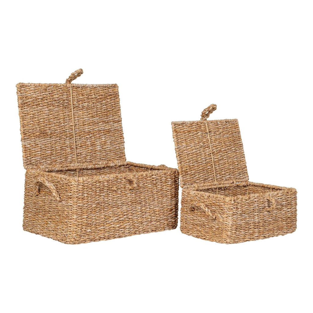 Paniers de rangement rectangulaires en jonc tressé naturel avec couvercle – Set de 2