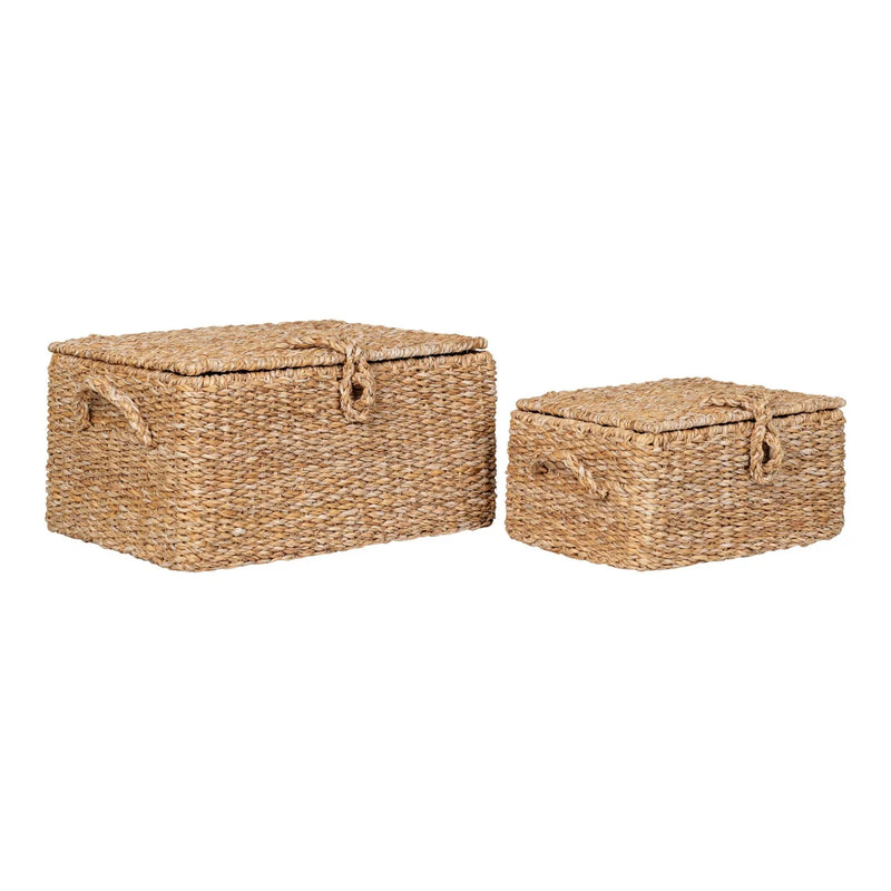 Paniers de rangement rectangulaires en jonc tressé naturel avec couvercle – Set de 2