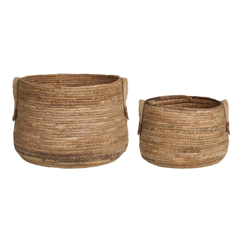 Deux paniers ronds en feuilles de bananier avec anses en cuir naturel, lot de 2