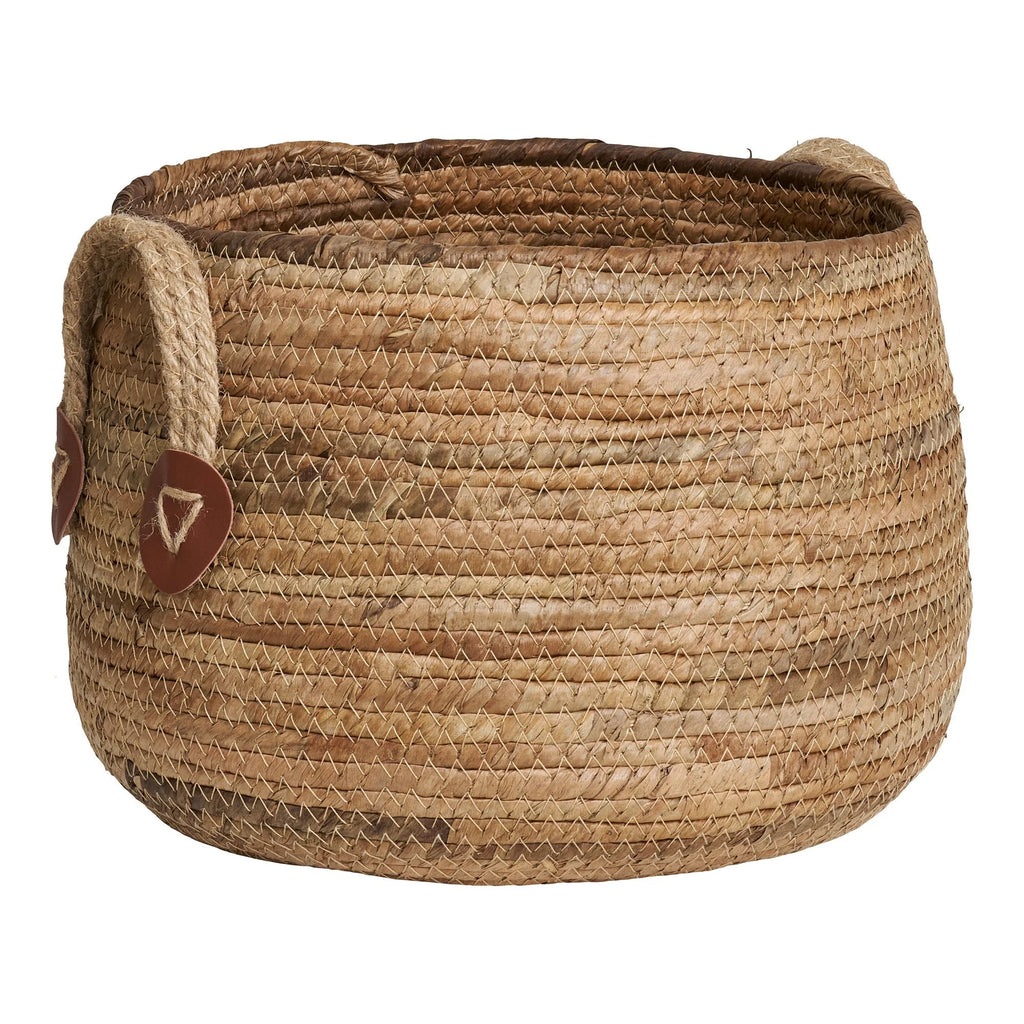 Panier rond en feuilles de bananier avec anses en cuir naturel, lot de 2
