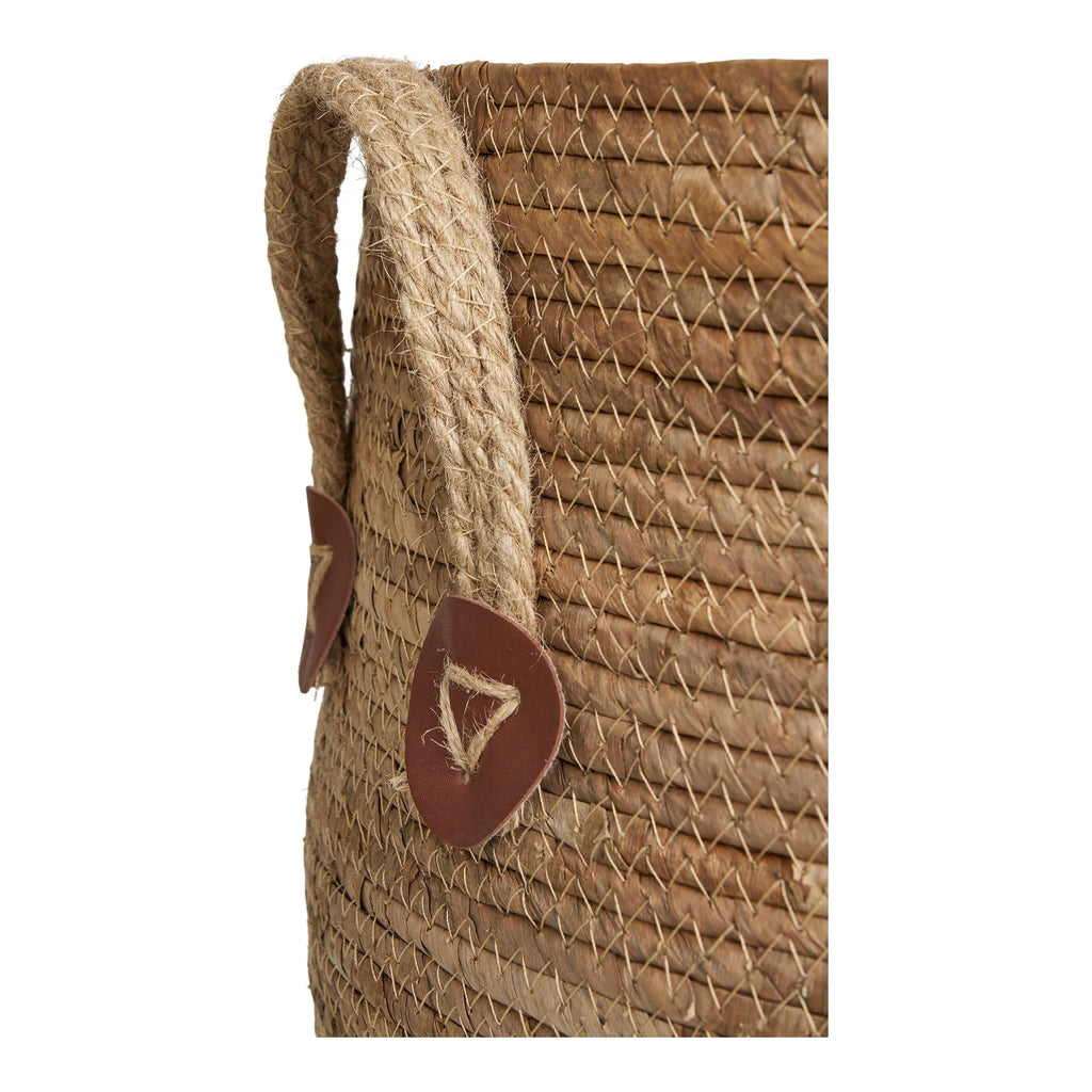 Panier rond en feuilles de bananier avec anses en cuir naturel, lot de 2