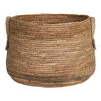 Panier rond en feuilles de bananier avec anses en cuir naturel, lot de 2