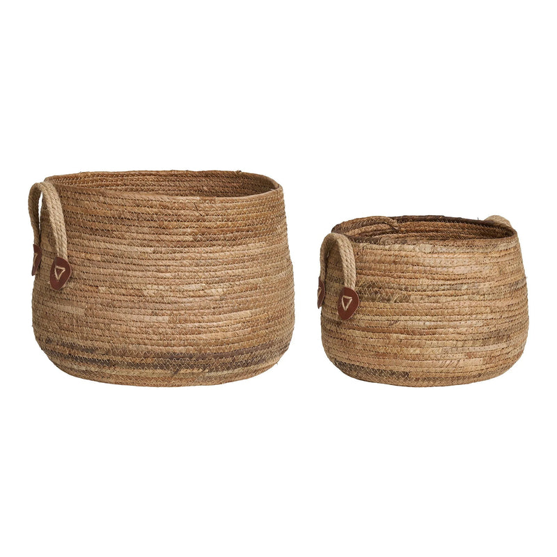 Paniers ronds en feuilles de bananier avec anses en cuir naturel – Lot de 2