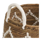 Panier rond en feuilles de bananier avec motif losanges blancs et poignées en corde