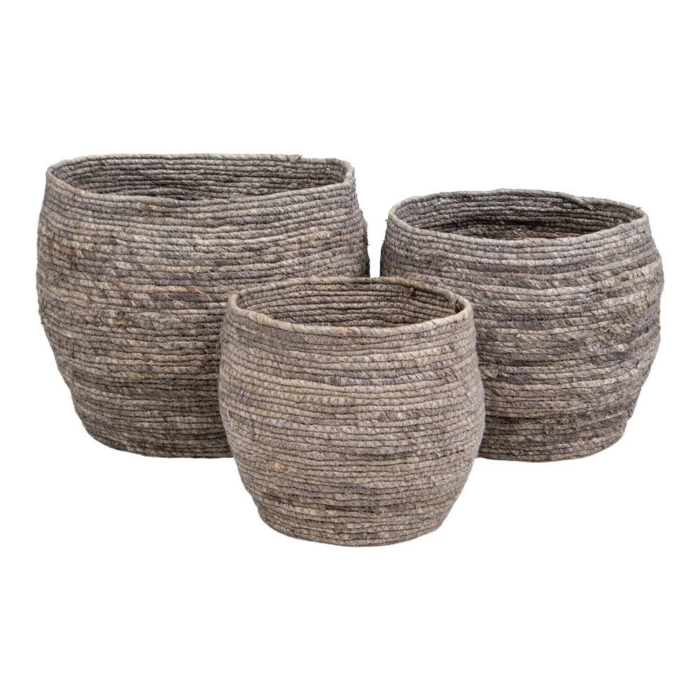 Lot de 3 paniers ronds gris en feuilles de maïs tressées texturées