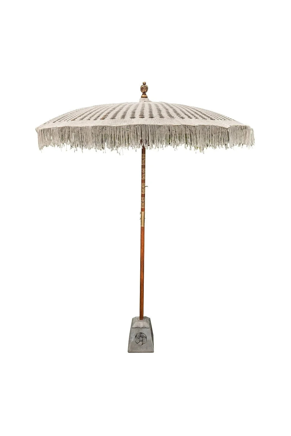 Parasol balinais en macramé avec mât sculpté bois 250 cm
