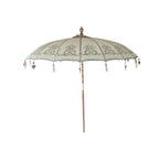 Parasol rond blanc orné de franges et motifs tropicaux de 250 cm de diamètre
