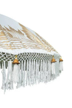 Parasol rond crème avec franges et bordures dorées pour extérieur, Ø180 cm