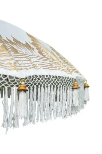 Parasol rond crème avec franges et bordures dorées pour extérieur, Ø180 cm