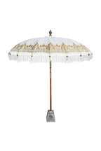 Parasol rond crème avec franges et bordures dorées pour extérieur, 180 cm de diamètre