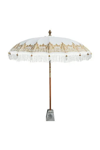 Parasol rond crème avec franges et bordures dorées pour extérieur, 180 cm de diamètre