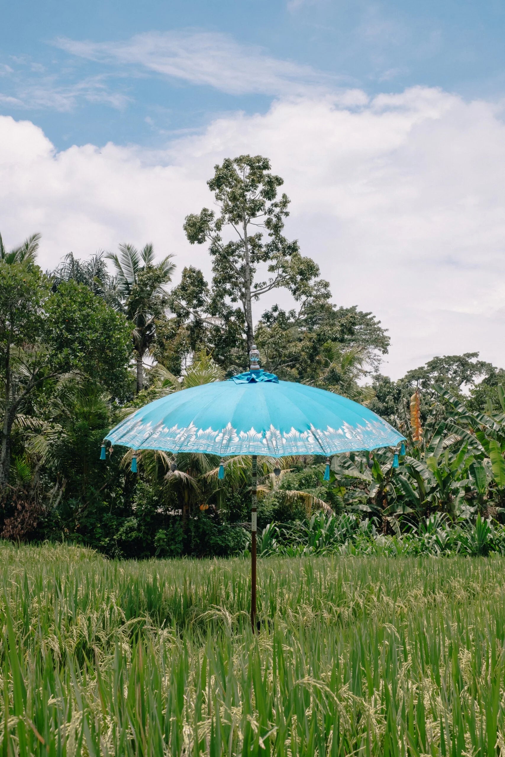 Parasol rond turquoise en tissu avec franges pour extérieur, diamètre 250 cm