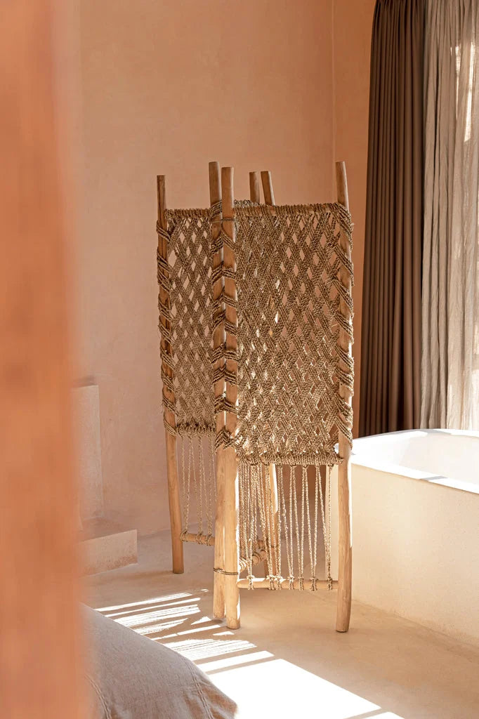 Macrame room divider en teck avec herbier de mer naturel 170 cm