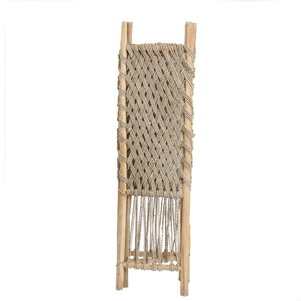Paravent en teck et herbier de mer avec cadre en corde tissée et bois naturel