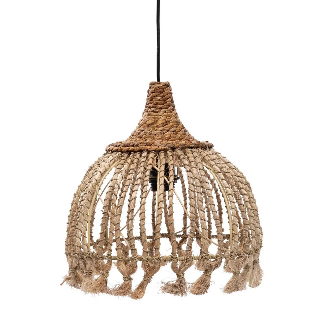 Suspension en corde tissée avec pompons en abaca naturel pour décoration intérieure