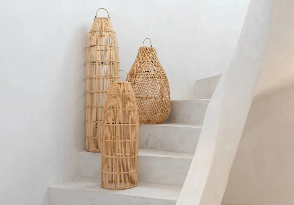 Trois lanterns en rattan tissés pour le pendentif piège à poissons Naturel L
