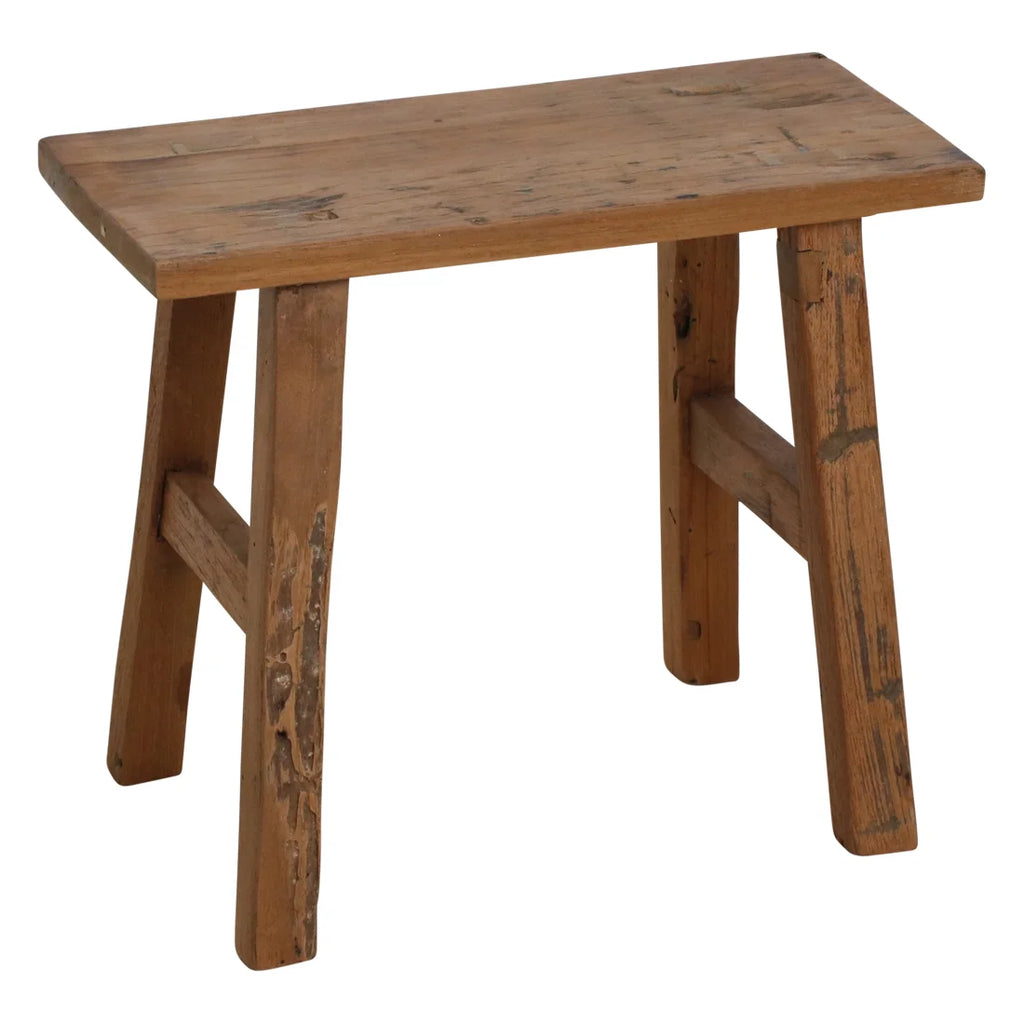 Petit banc en teck recyclé patiné brun miel, 35x30 cm, vue arrière