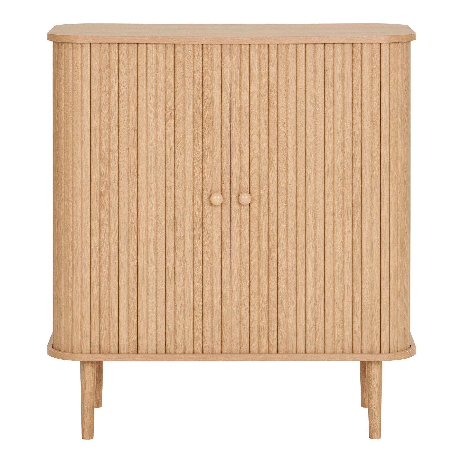 Buffet bas en bois naturel clair avec portes coulissantes et bords arrondis