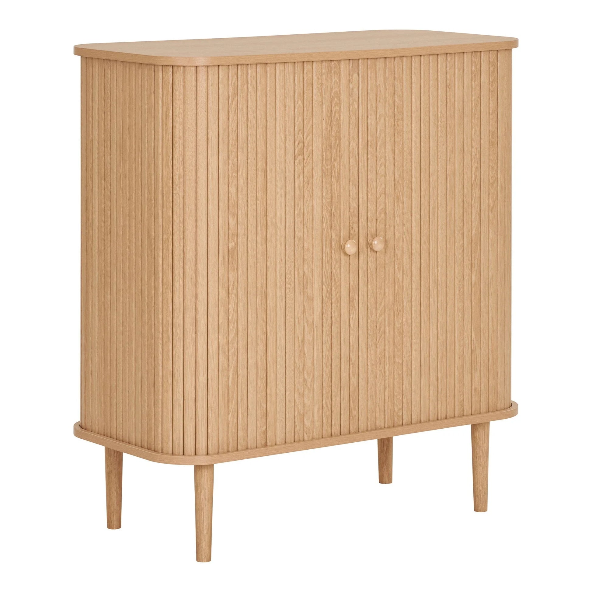 Meuble buffet bas en bois naturel clair avec portes ridées et coulissantes